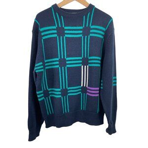 Vintage Izod Club Mens Sweater Large 100% Acrylic Blue With Green & Purple Plaid